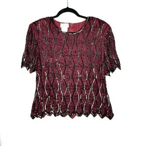 Stenay Vtg Glam Beaded Sequin Silk Top Size L Black Burgundy Wine Evening Formal